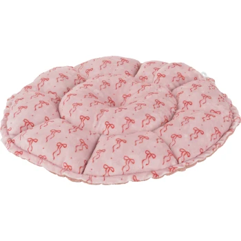 Panier rond tufté en peluche rose avec motif de nœuds rouges, coussin segmenté en forme de donut