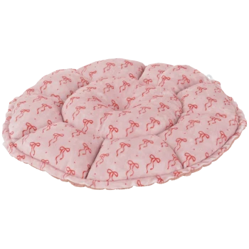 Panier rond tufté en peluche rose avec motif de nœuds rouges, coussin segmenté en forme de donut