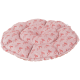 Rundes rosa Plüsch-Haustierbett mit gesteppter Polsterung und rotem Schleifenmuster, segmentiertes Donutkissen.