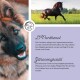 Nahaufnahme des Gesichts eines Deutschen Schäferhundes links, laufendes Pferd auf einem Feld rechts; der Text hebt die Vorteile von D-Panthenol und Zitronellaöl für Haustiere hervor.