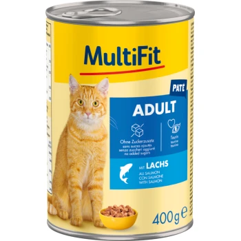 Dosenkatzenfutter mit der Aufschrift 'MultiFit Paté Adult' und einer orangefarbenen Katze auf der Vorderseite, mit Lachs als Hauptzutat, 400g.
