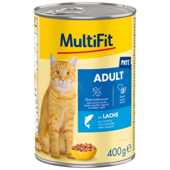 Nourriture pour chats en conserve étiquetée 'MultiFit Paté Adult' avec un chat orange sur le devant, mettant en avant le saumon comme ingrédient principal, 400g.