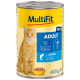 Blik kattenvoer gelabeld 'MultiFit Paté Adult' met een oranje kat op de voorkant, met zalm als hoofdingrediënt, 400g.