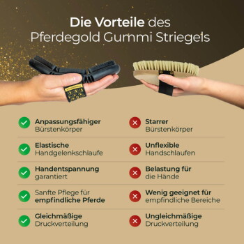 Hände halten einen schwarzen Gummistriegel und eine beige Borstenbürste unter dem Text 'Die Vorteile des Pferdegold'.