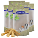 Vier Beutel Lyra Pet Nature Power Hundeleckerlis, mit einem Hund, einer Katze und einem Welpen auf der Verpackung, mit mehreren knochenförmigen Leckerlis davor.
