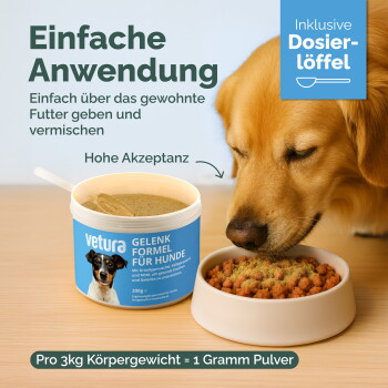 Hund schnuppert an Trockenfutter neben einer vetura 'Gelenk Formel'-Dose. Text: 'Einfache Anwendung'; 'Inklusive Dosierlöffel'; 'Pro 3kg=1g'.