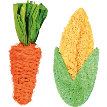 Un ensemble de jouets à mâcher pour animaux colorés comprenant une carotte orange vif et un épi de maïs jaune avec des feuilles vertes, conçu pour les petits animaux.