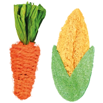 Un ensemble de jouets à mâcher pour animaux colorés comprenant une carotte orange vif et un épi de maïs jaune avec des feuilles vertes, conçu pour les petits animaux.