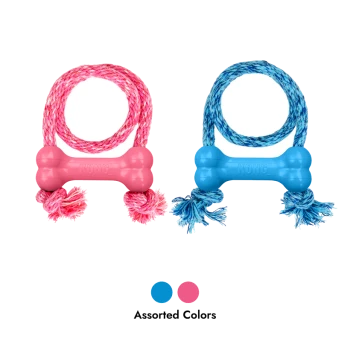 Deux jouets pour chiens en corde KONG en forme d'os (rose et bleu) avec franges ; la marque KONG sur les os et le texte « Couleurs assorties » visible.