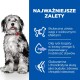 Szczęśliwy pies z czerwoną obrożą siedzi po lewej stronie, obok tekstu na niebieskim tle o korzyściach związanych z utratą wagi i zdrowiem stawów.