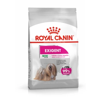 Royal Canin Exigent Mini hondenvoer zak, ontworpen voor kleine honden met kieskeurige eetlust, met een hondillustratie en de claim '99% voorkeur.'