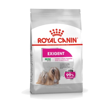Royal Canin Exigent Mini hondenvoer zak, ontworpen voor kleine honden met kieskeurige eetlust, met een hondillustratie en de claim '99% voorkeur.'