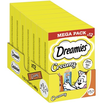 Bunte Verpackung von Dreamies Creamy Katzenleckerlis, mit einem Mega-Pack von 12 Röhren, mit einer Cartoon-Katze und dem Hinweis 'Kein Zuckerzusatz.'