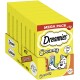 Bunte Verpackung von Dreamies Creamy Katzenleckerlis, mit einem Mega-Pack von 12 Röhren, mit einer Cartoon-Katze und dem Hinweis 'Kein Zuckerzusatz.'