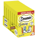 Bunte Verpackung von Dreamies Creamy Katzenleckerlis, mit einem Mega-Pack von 12 Röhren, mit einer Cartoon-Katze und dem Hinweis 'Kein Zuckerzusatz.'