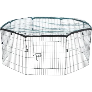 Ein schwarzes Metall-Haustierspielgehege mit hexagonaler Form und einem grünen Netzüberzug oben, mit einer Tür für einfachen Zugang.