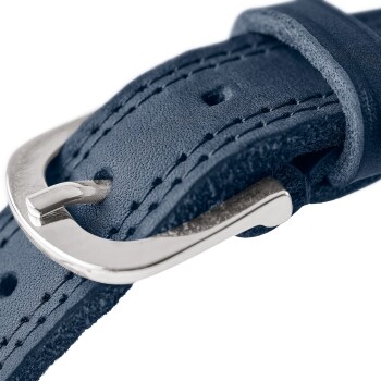 Nahaufnahme eines marineblauen Leder-Haustierhalsbands mit silberner Metallschnalle und sichtbaren Steppnähten.