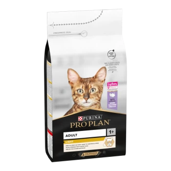 Sac de nourriture pour chat Purina Pro Plan Adult Light avec un gros plan du visage d'un chat tigré marron, étiqueté "1+" et "Light."