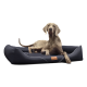 Weimaraner-Hund liegt auf einem schwarzen rechteckigen Haustierbett mit weißer Paspelierung und braunem Lederetikett.