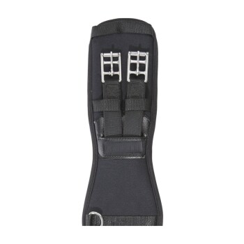 Schwarzes Haustiergeschirr mit Metallverschlüssen und verstellbaren Riemen, mit einem Logo-Patch, das "Kavalkade" liest.