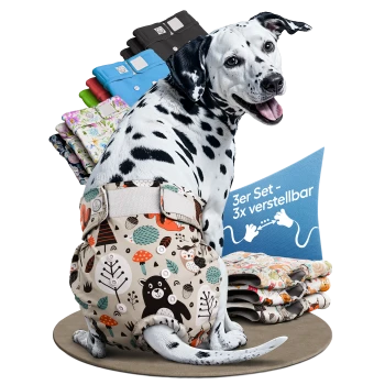 Bunte, hundemusterte Haustierwindeln im 3er-Pack, mit verschiedenen Cartoon-Hunden und einem Etikett, das "3x JUSTIER BAR" liest.