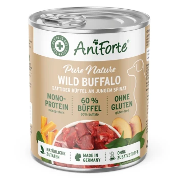Dosen-Hundefutter mit der Aufschrift "AniForte Pure Nature Wild Buffalo", mit 60% Büffelfleisch, glutenfrei und in Deutschland hergestellt.