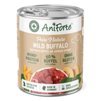 Dosen-Hundefutter mit der Aufschrift "AniForte Pure Nature Wild Buffalo", mit 60% Büffelfleisch, glutenfrei und in Deutschland hergestellt.