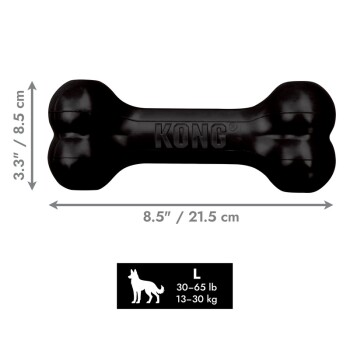Schwarzes KONG-Knochen-Hundespielzeug, 8,5"/21,5 cm x 3,3"/8,5 cm, mit geprägtem KONG-Logo; Größe L 30–65 lb (13–30 kg) mit Hunde-Symbol