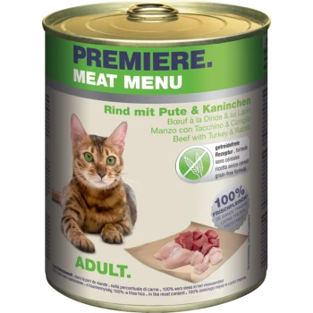 Dose mit Katzenfutter, die eine Bengal-Katze zeigt, beschriftet mit 'Premiere Meat Menu' mit Rind, Truthahn und Kaninchen, getreidefreier Formel.