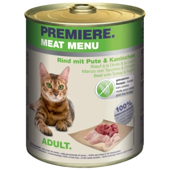 Dose mit Katzenfutter, die eine Bengal-Katze zeigt, beschriftet mit 'Premiere Meat Menu' mit Rind, Truthahn und Kaninchen, getreidefreier Formel.