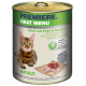 Dose mit Katzenfutter, die eine Bengal-Katze zeigt, beschriftet mit 'Premiere Meat Menu' mit Rind, Truthahn und Kaninchen, getreidefreier Formel.