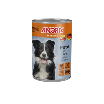 Konservendose AMORA Sensitive Hundefutter mit der Aufschrift 'Pute mit Reis', zeigt ein schwarz-weißes Hundebild und Produkt-Icons.