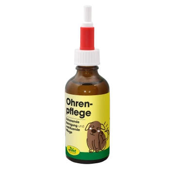 Braune Flasche mit Ohrpflege-Lösung für Haustiere mit einem weißen Tropfenverschluss, beschriftet mit "Ohrenpflege" und "100% Natur."