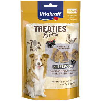 Emballage de friandises pour chiens Vitakraft Treaties Bits avec chien, morceaux de friandises, 'SUPERFOOD' poulet et sureau, >70 % de viande