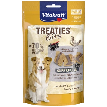 Emballage de friandises pour chiens Vitakraft Treaties Bits avec chien, morceaux de friandises, 'SUPERFOOD' poulet et sureau, >70 % de viande