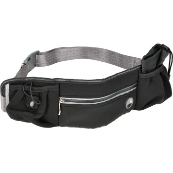 Czarna nerka dla zwierząt z wieloma kieszeniami i zamkami błyskawicznymi, zaprojektowana do noszenia niezbędnych rzeczy dla zwierząt podczas spacerów.