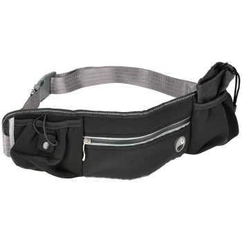 Black pet waist bag with multiple pockets and zippers, designed for carrying pet essentials during walks.