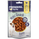 Verpackung von Premiere I love my dog Mini Snack Sticks, mit Huhn und Reis Geschmack, mit einer Nahaufnahme von weichen, kaubaren Leckerlis.