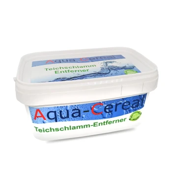 Behälter von Aqua Cereal Teichschlamm-Entferner, einem Teichschlamm-Entferner, mit einem blauen und weißen Design und Wassertropfen.