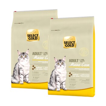 Zwei Säcke Select Gold Katzenfutter für Maine Coons, mit einer grauen Maine Coon Katze auf der Vorderseite, beschriftet mit 'Adult' und 'Geflügel mit Lachs.'