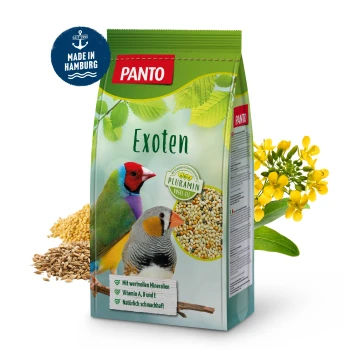 PANTO Exoten Vogelfutterbeutel mit bunten Vögeln, mit Text, der wertvolle Mineralien, die Vitamine A und D sowie natürlichen Geschmack hervorhebt.