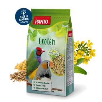 PANTO Exoten Vogelfutterbeutel mit bunten Vögeln, mit Text, der wertvolle Mineralien, die Vitamine A und D sowie natürlichen Geschmack hervorhebt.