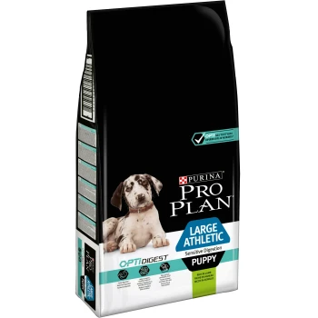 Sac de nourriture pour chien Purina Pro Plan avec un grand chiot athlétique, étiqueté "Large Athletic Sensitive Digestion Puppy" et "OptiDigest."