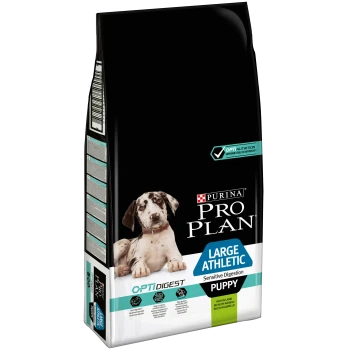 Sac de nourriture pour chien Purina Pro Plan avec un grand chiot athlétique, étiqueté "Large Athletic Sensitive Digestion Puppy" et "OptiDigest."