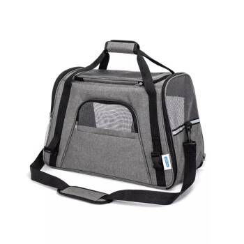 Grau Haustiertragebeutel mit Netzpaneelen, Oberhandgriff und verstellbarem Schultergurt, entworfen für den komfortablen Transport von Haustieren.