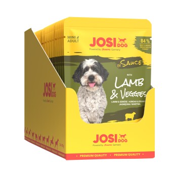 Packung JosiDog Mini Adult Nassfutter für Hunde mit Lamm und Gemüse in Sauce, 84 % Fleisch und tierische Nebenerzeugnisse.