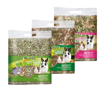 Drei Säcke Haustierbettwäsche von Multifit: Kräutergarten, Nadelwald und Heidepark, alle beschriftet mit "100% NATUR" und Bildern von Kaninchen.