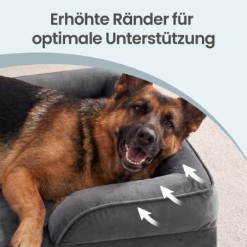 Deutscher Schäferhund in grauem Hundebett mit erhöhtem Rand; Pfeile zeigen die Stützfunktion. Text: 'Erhöhte Ränder für optimale Unterstützung'.