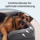 Deutscher Schäferhund in grauem Hundebett mit erhöhtem Rand; Pfeile zeigen die Stützfunktion. Text: 'Erhöhte Ränder für optimale Unterstützung'.