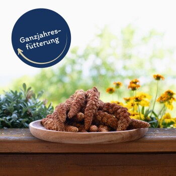 Ein Holzbrett mit braunen Haustierfutter-Sticks, umgeben von grünen Pflanzen und gelben Blumen, mit einem blauen Kreis, der "Ganzjahresfütterung" sagt.